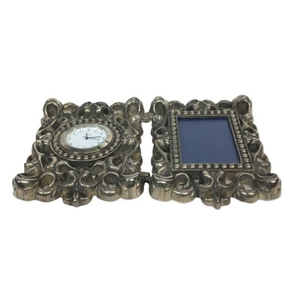 Silver-Plated Picture Frame & Clock Desk Top Beautiful Ornate Scroll Work Design - Picture 5 of 10